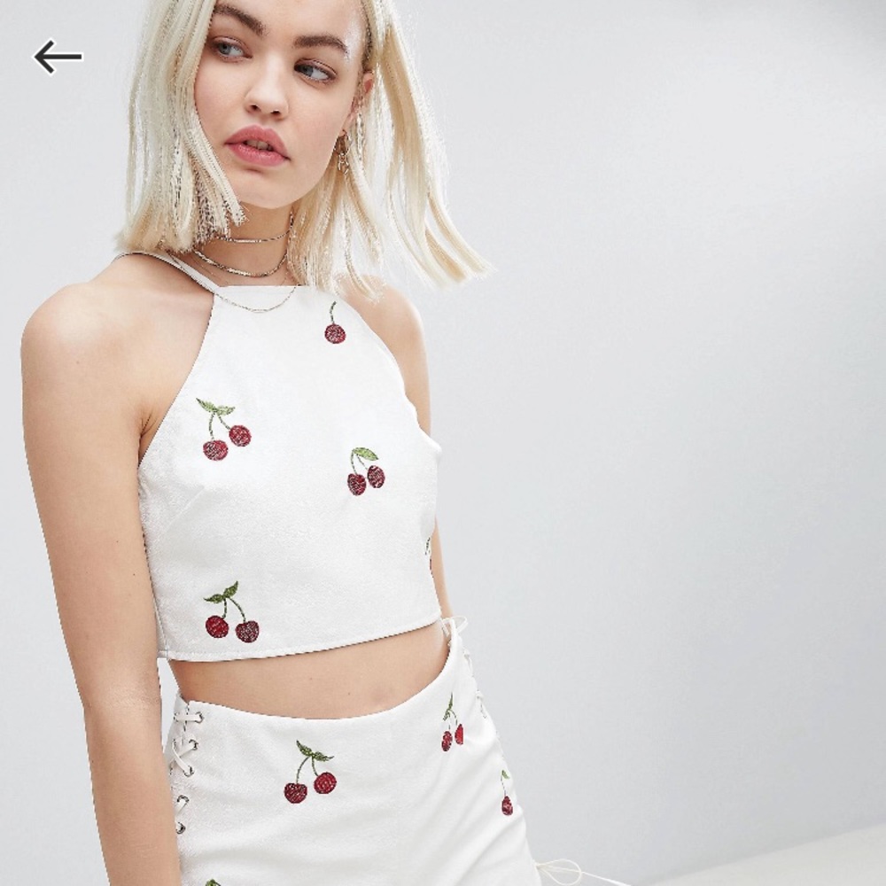 ASOS faux leather halter top w/ cherry embroidery